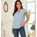Summer V-neck dot textured ruffle short sleeve chiffon blouse top for women elegant casual daily wear - Light Blue