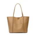 Klassieke camel lederen tote bag voor dames, grote ruime schoudertas voor werk. - Licht Zout Kaki