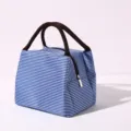 Blue and white striped thermal lunch bag, durable oxford cloth bento bag with brown handles. - Small Blue Striped