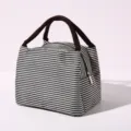 Black and white striped insulated lunch bag, portable thermal picnic tote for daily use. - Small Navy Blue Striped