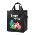 Insulated lunch bag for office school waterproof thermal cooler bag with cute cartoon fox print. - Black