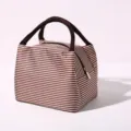 Brown striped insulated lunch bag, portable thermal bento tote with durable dual handles. - Small Brown Striped