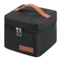 Black square insulated lunch bag with brown handle, portable thermal cooler bag for work. - Square Insulated Bag / Black