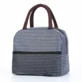 Blue and white striped insulated lunch bag with brown handles, durable waterproof bento bag. - Large Cyan Stripes