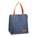 Blue waterproof oxford cloth insulated lunch bag with brown handles for daily use. - Rectangular Insulated Bag / Navy Blue