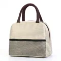 Striped insulated lunch bag with front mesh pocket, portable oxford cloth thermal bento bag variant. - Large Khaki Stripes