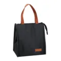 Black insulated lunch bag with brown handles, waterproof oxford cloth thermal tote. - Rectangular Insulated Bag / Black