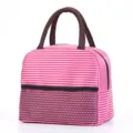 Pink and white striped lunch bag with brown handles and mesh front pocket for daily meals. - Large Rose Red Stripes