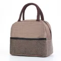 Striped insulated lunch bag, waterproof oxford cloth bento bag with front mesh pocket and double handles. - Large Brown Stripes