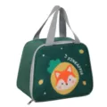 Green cartoon fox print insulated lunch bag with comfortable gray handles and durable zipper. - Dark Green Pineapple Fox