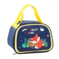 Geïsoleerde lunchtas voor kinderen en studenten, schattig cartoon vos ontwerp met gele handvatten. - Marineblauwe bosvos