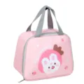 Pink insulated lunch bag with cute strawberry bunny print, durable grey handles and zipper. - Pink Strawberry Cute Rabbit