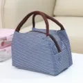 Blue and white striped lunch bag, insulated bento handbag with brown handle for daily use and picnic. - Navy Striped Lunch Bag