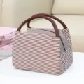 Brown white striped insulated lunch bag portable bento handbag for picnic work travel. - Brown Striped Lunch Bag
