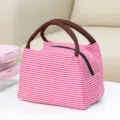 Durable striped lunch bag, pink and white oxford cloth bento handbag with brown handles. - Rose Red Striped Lunch Bag