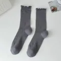Grey ribbed mid-calf socks with cute lettuce edge for women, soft and breathable wear. - One Size / Dark Gray