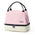 Pink and beige double layer insulated lunch bag, portable bento tote for outdoor work. - Pink - Contrast Double-Layer Cooler Bag
