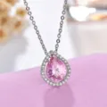 Exquisite pear-shaped pink cubic zirconia halo pendant necklace with silver chain for women. - Necklace / Pink