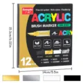 Acryl marker doos detail met afmetingen, twaalf levendige kleuren en flexibele penseelpunten. - 3 goud + 3 zilver + 3 zwart + 3 wit