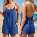 Mujer verano espalda descubierta tirantes spaghetti azul playa mameluco casual lino shorts. - Azul