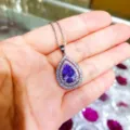 Stunning purple cubic zirconia water drop pendant necklace with shimmering double halo for women. - Necklace / Violet
