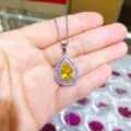 Elegant teardrop yellow zircon double halo pendant necklace fashion silver chain jewelry styling. - Necklace / Gold Yellow