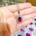 Stunning pear-shaped red zircon pendant necklace with double halo sparkle for women daily wear. - Necklace / Rose Red