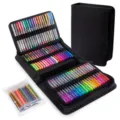 Kleurrijke gelpennen set met zwarte etui met rits en navulling voor tekenen en kleuren. - 80 kleuren CD-verpakking met vullingen