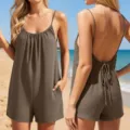 Mujer verano lino tirantes finos romper casual playa espalda descubierta mono short - Tostado