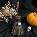 Mini crystal witch broom ornament close up, handmade natural wood Halloween table decor piece. - Broom (Amazonite) / 13*4cm