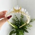 Detailed view of handmade crystal crown headband with golden moon accent, perfect for fairy look. - Colorful White Gold Moon