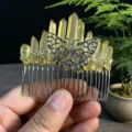 Peigne à cheveux en quartz cristal jaune naturel fait main avec papillon en alliage femme - Jaune Avec Papillon