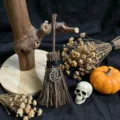 Mini Halloween witch broom decoration detail, rustic twig design with metal moon pendant. - Metal Moon Charm Style / 13*4cm