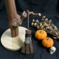 Mini witch broom Halloween decoration with sun pendant, rustic wooden stand and spooky props. - Sun Pattern Style / 13*4cm