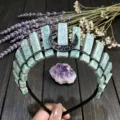 Handmade crystal tiara headband with natural green stone pillars and a black moon charm. - Amazonite And Black Moon