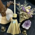 Detail view of the Wicca mini broom hanging ornament with crystal stone for car decor. - About 15cm / Broom With Amazonite