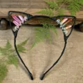 Handmade black wire wrapped cat ear crystal headband with natural quartz for women parties. - Pink + Multicolor