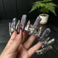Gothic crystal crown headband with purple quartz columns, silver bird skull and bee charms. - Silver Raven Head & Bee / Coated Amethyst