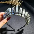 Diadema de corona de cristal natural alambre negro luna tiara accesorios de pelo góticos para fiesta - Labradorita Y Luna Negra