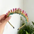 Handmade crystal crown headband with colorful natural quartz clusters and gold bee. - Pink Yellow Green With Gold Bee