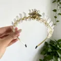 Natural crystal crown headband with gold wire and bee charm for women party photo gift - White Raw Stone With Gold Bee