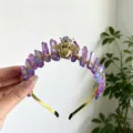 Detailed view of handmade purple crystal crown headband with gold wire and lovely bee accent for women - Pink Blue With Gold Bee