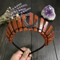 Natural crystal crown headband raw stone tiara boho hair accessory for festival party. - Red Jasper And Black Moon