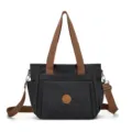 Borsa shopper in tela grigio scuro con manici marroni, grande borsa a tracolla da donna. - Nero
