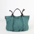 Teal Canvas Tote Bag, Retro Style Women's Large Shoulder Bag with Brown Handles. - Light Green