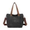 Borsa tote in tela grigia classica con manici marroni, borsa a spalla capiente casual. - Nero