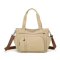 Borsa tote in tela beige con tracolla marrone, variante di borsa a spalla casual. - Kaki