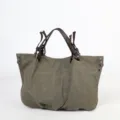 Casual grey-green canvas tote shoulder bag with brown straps for women daily commuting use. - Army Green