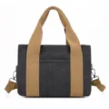 Borsa shopper in tela da donna, borsa a tracolla grigia scura con manici kaki. - Nero