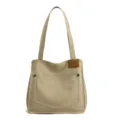 Borsa a tracolla in tela cachi da donna, grande shopper casual elegante con tasca frontale. - Kaki
